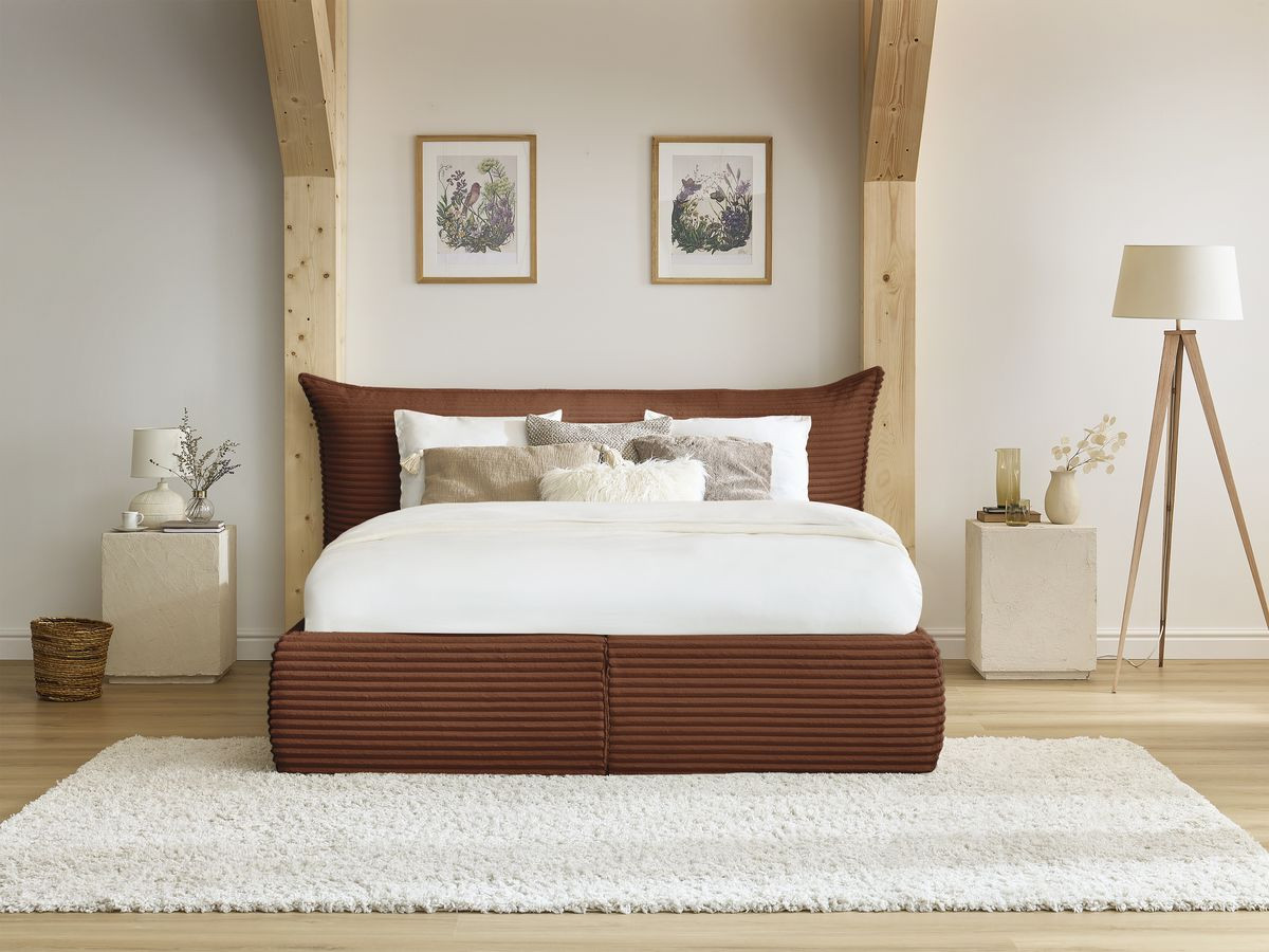 Lit coffre JADE avec tête de lit effet oreiller gros côtelé doux orange — vue 5