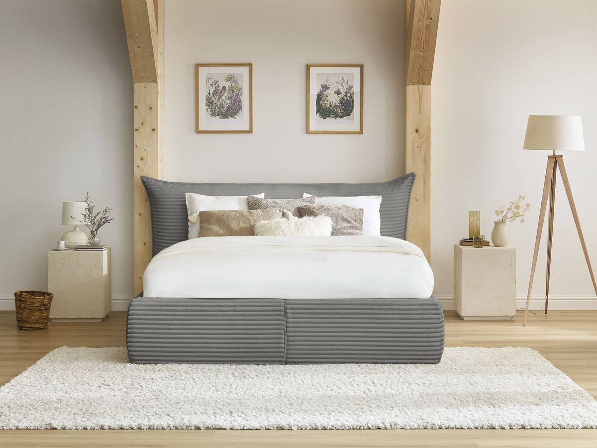 Lit coffre JADE avec tête de lit effet oreiller gros côtelé doux gris foncé — vue 5