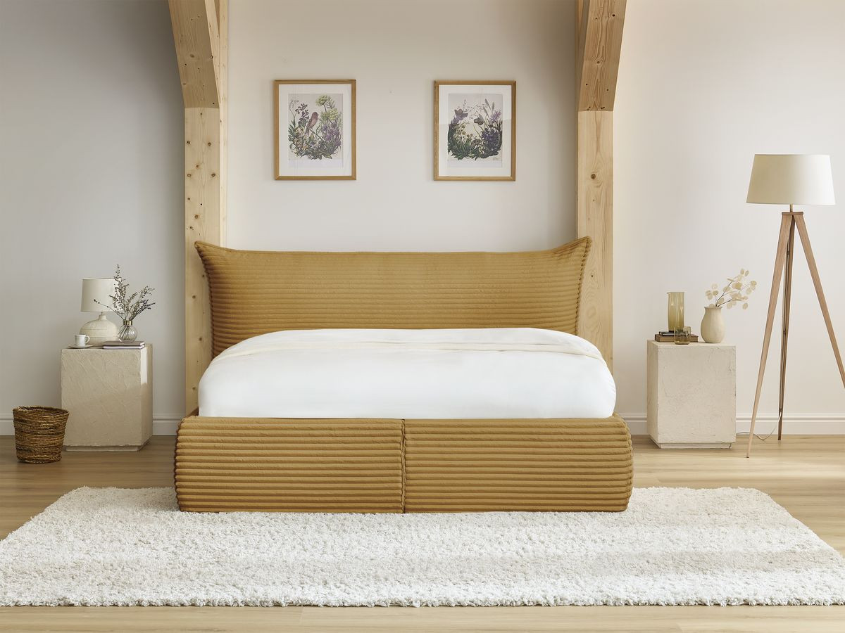 Lit coffre JADE avec tête de lit effet oreiller gros côtelé doux