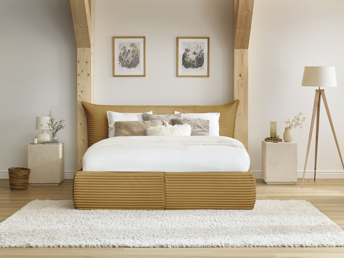 Lit coffre JADE avec tête de lit effet oreiller gros côtelé doux jaune — vue 5