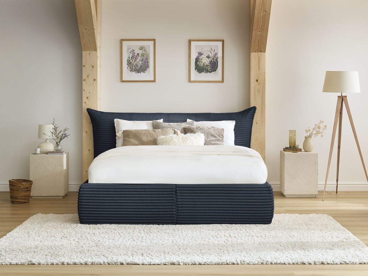 Lit coffre JADE avec tête de lit effet oreiller gros côtelé doux bleu foncé — vue 5