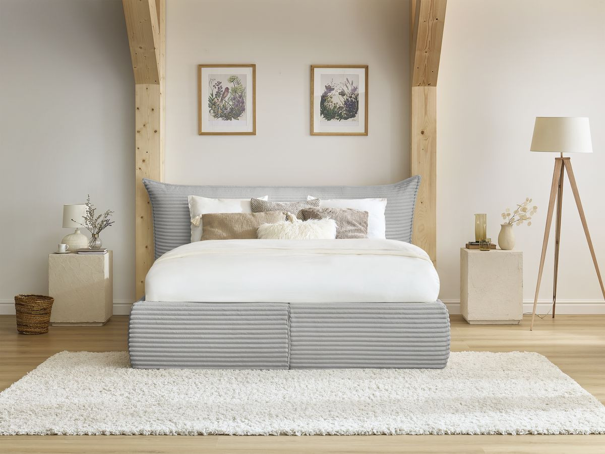 Lit coffre JADE avec tête de lit effet oreiller gros côtelé doux gris clair — vue 5