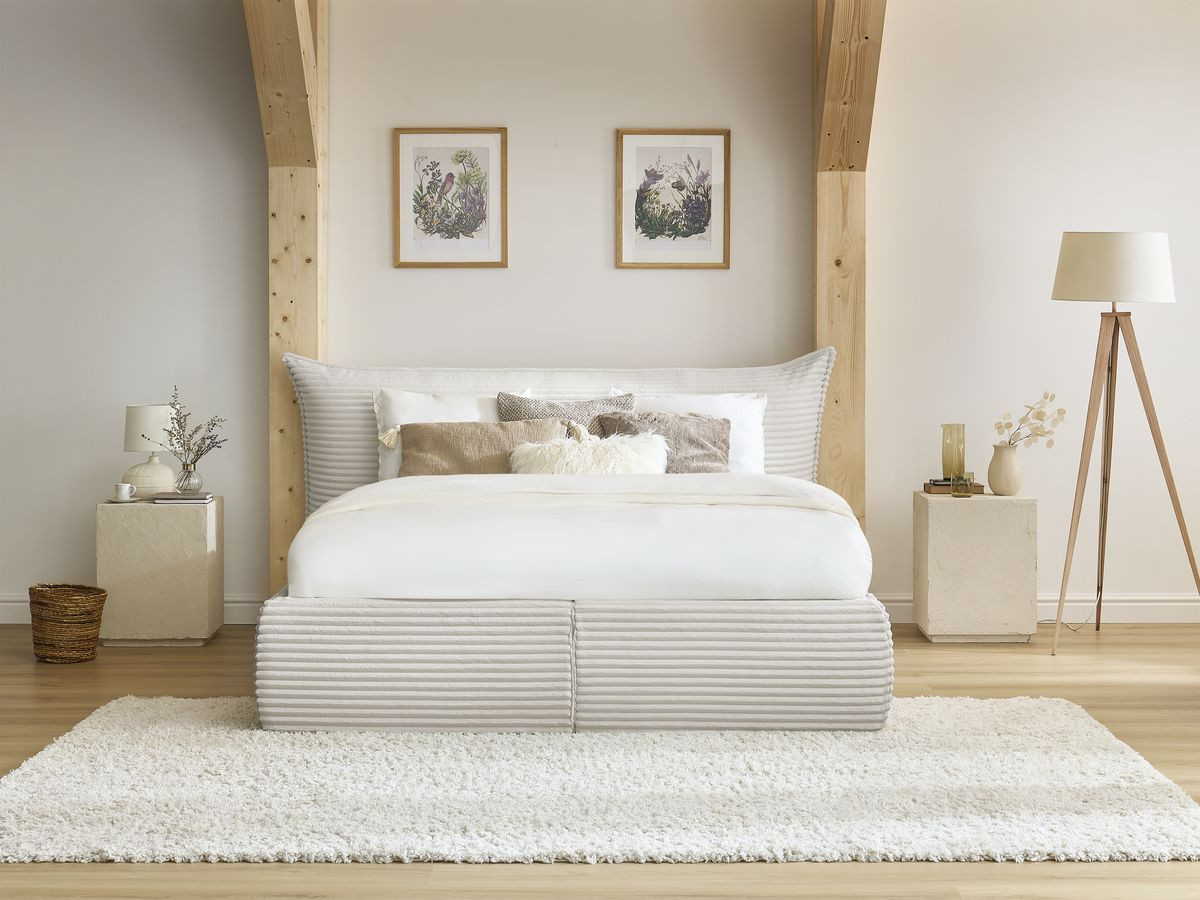Lit coffre JADE avec tête de lit effet oreiller gros côtelé doux