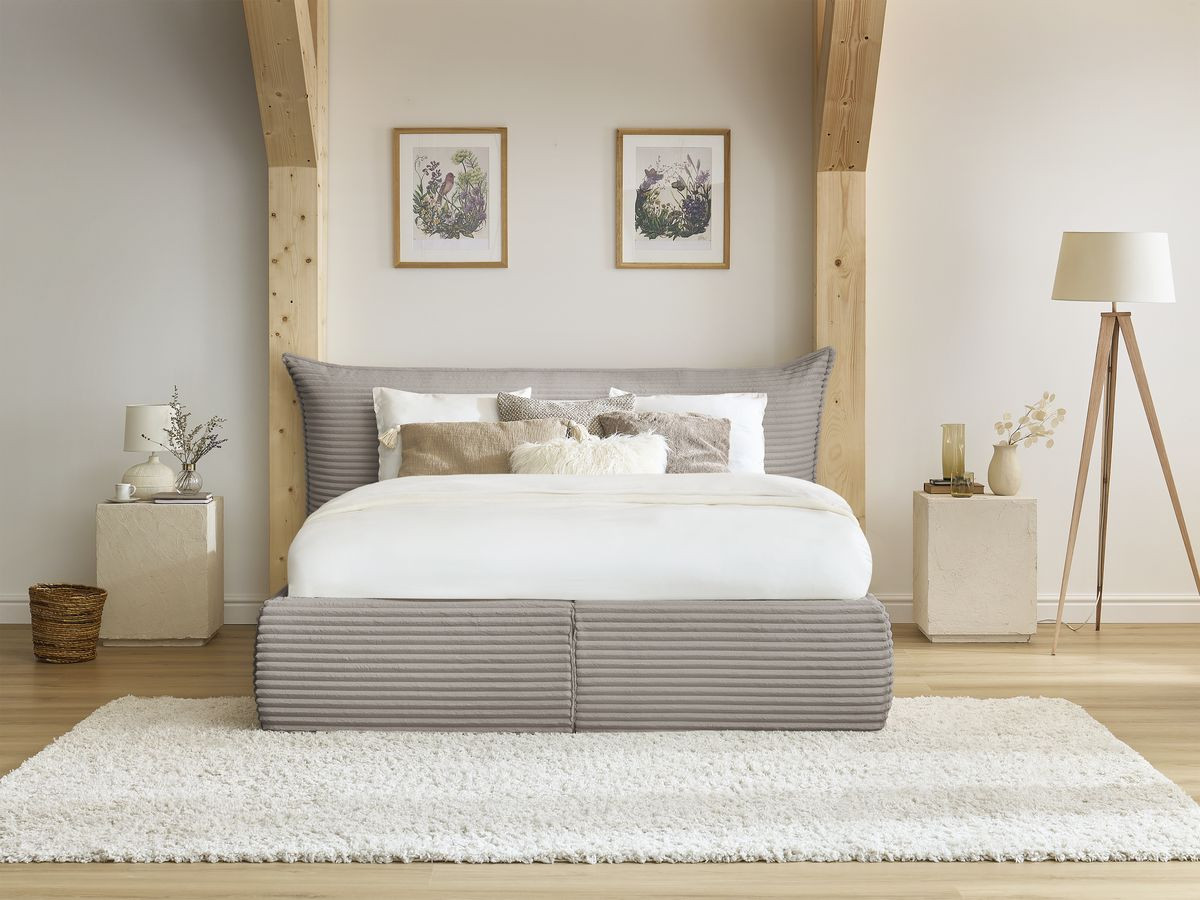 Lit coffre JADE avec tête de lit effet oreiller gros côtelé doux taupe — vue 5