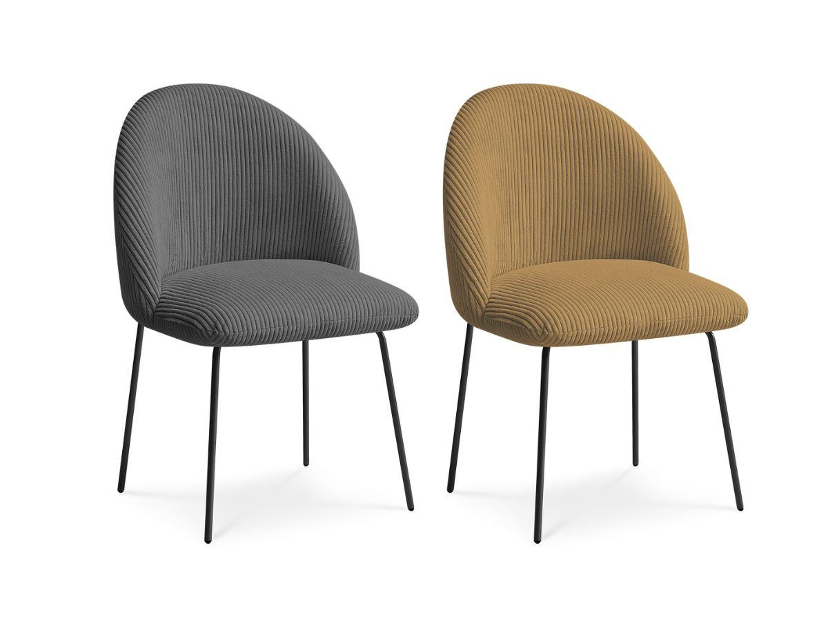 lot de chaises lalie tissu velours côtelé et pieds métal noir de couleur gris foncé et jaune