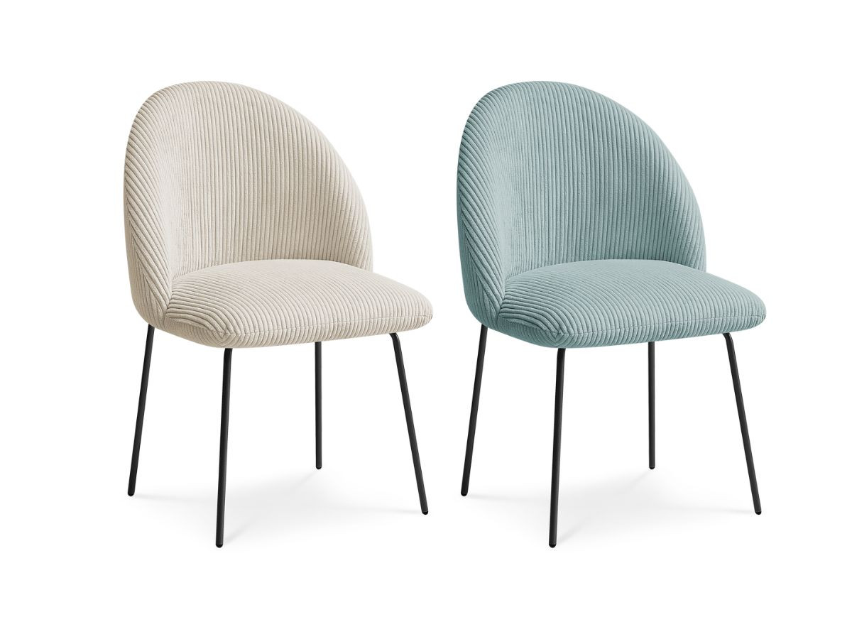 lot de chaises lalie tissu velours côtelé et pieds métal noir de couleur beige et bleu clair