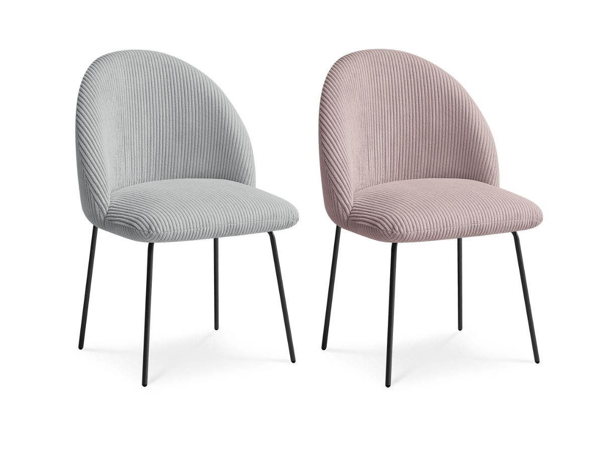 lot de chaises lalie tissu velours côtelé et pieds métal noir de couleur gris clair et rose