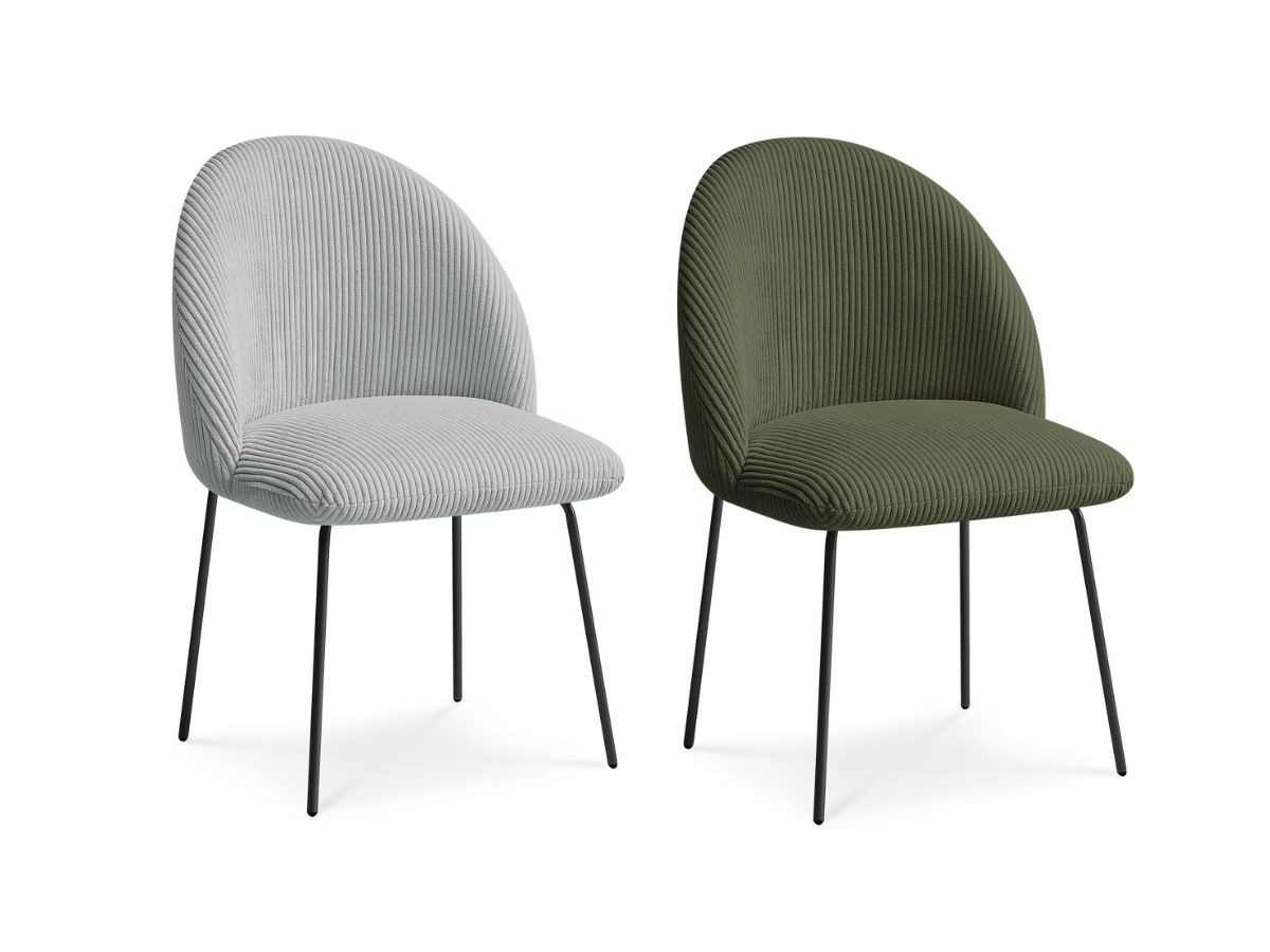 lot de chaises lalie tissu velours côtelé et pieds métal noir de couleur gris clair et vert