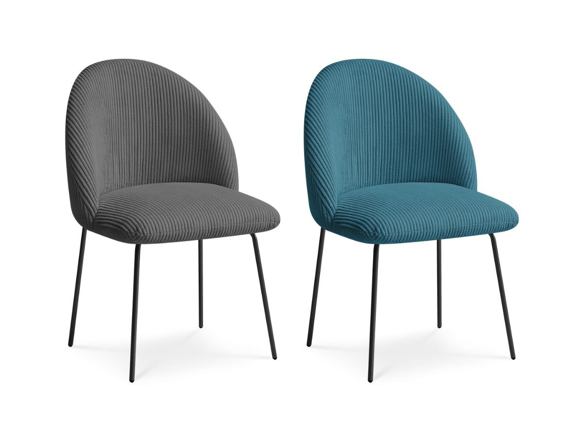 lot de chaises lalie tissu velours côtelé et pieds métal noir de couleur gris foncé et bleu foncé