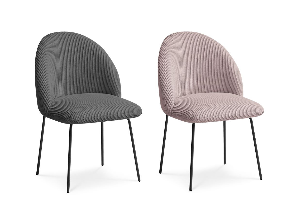 lot de chaises lalie tissu velours côtelé et pieds métal noir de couleur gris foncé et rose