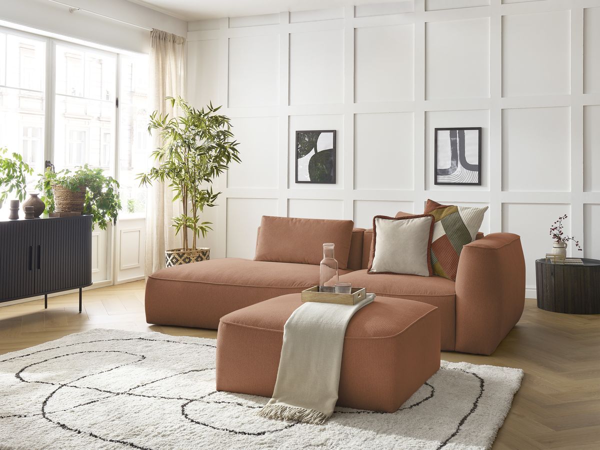 Canapé droit fixe 3 places LEOPOLD tissu chiné avec pouf