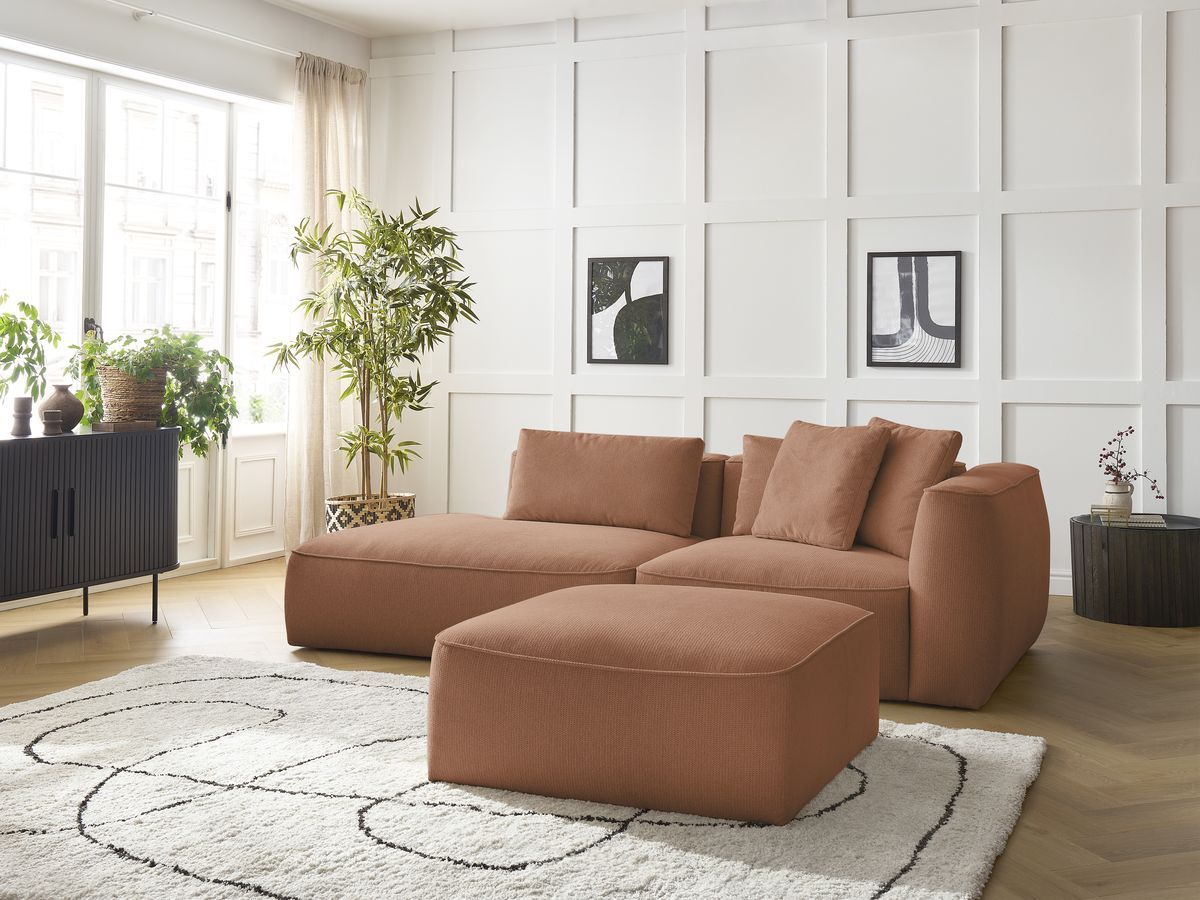 Canapé droit fixe 3 places LEOPOLD tissu chiné avec pouf orange accoudoir droit BOBOCHIC - Vue supplémentaire 3