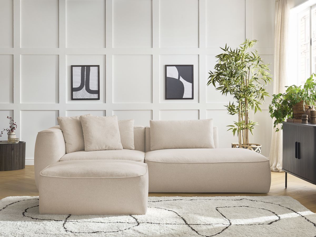 Canapé droit fixe 3 places LEOPOLD tissu chiné avec pouf