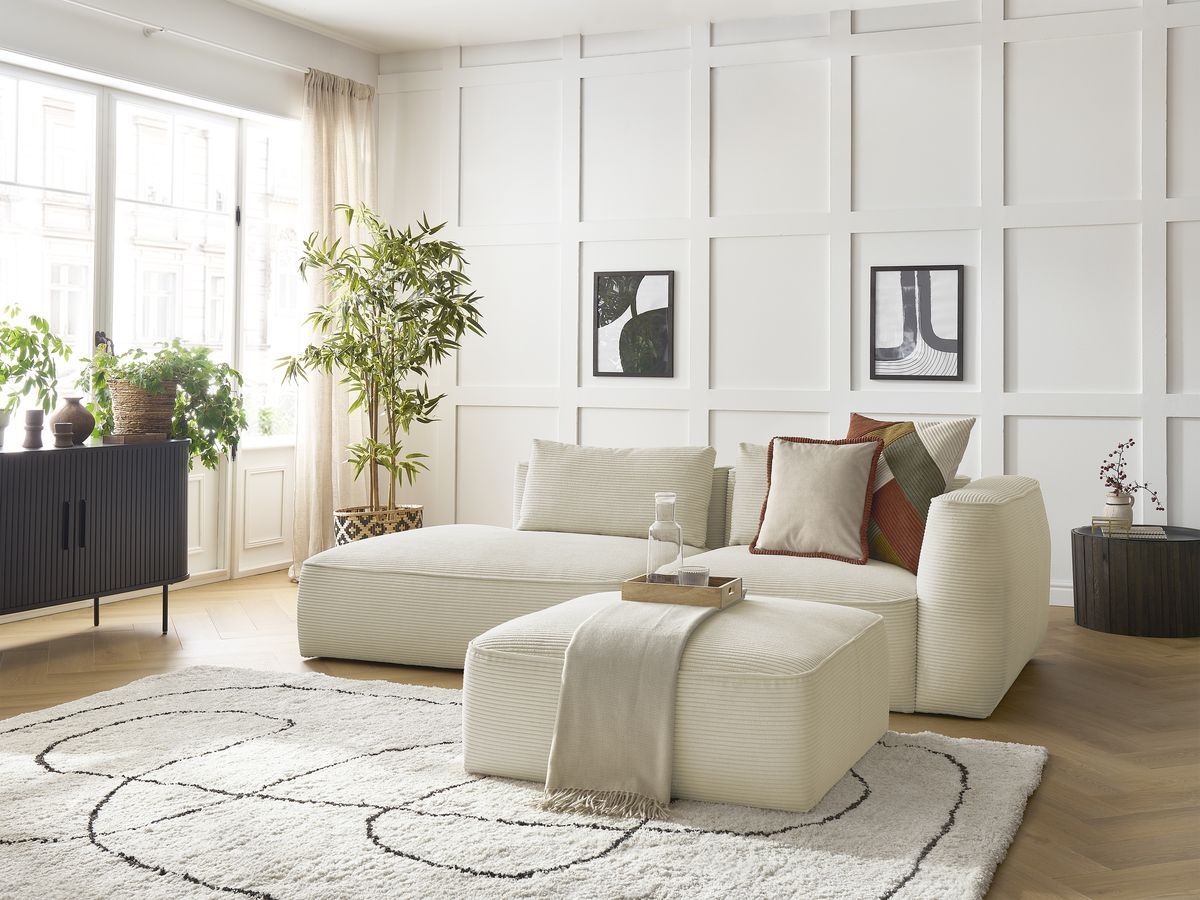 Canapé droit fixe 3 places LEOPOLD velours côtelé avec pouf