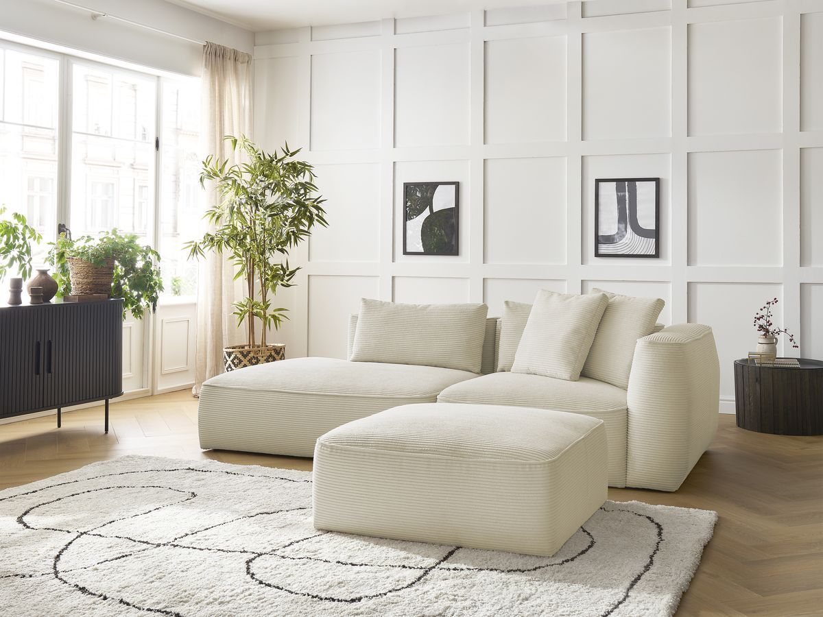 Canapé droit fixe 3 places LEOPOLD velours côtelé avec pouf beige accoudoir droit BOBOCHIC - Vue supplémentaire 3