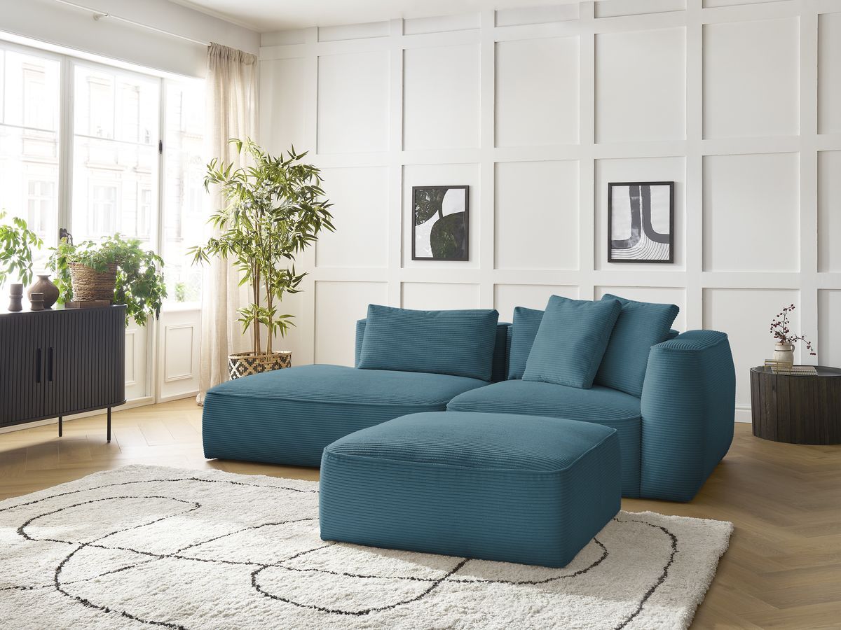 Canapé droit fixe 3 places LEOPOLD velours côtelé avec pouf bleu clair accoudoir droit BOBOCHIC - Vue supplémentaire 3