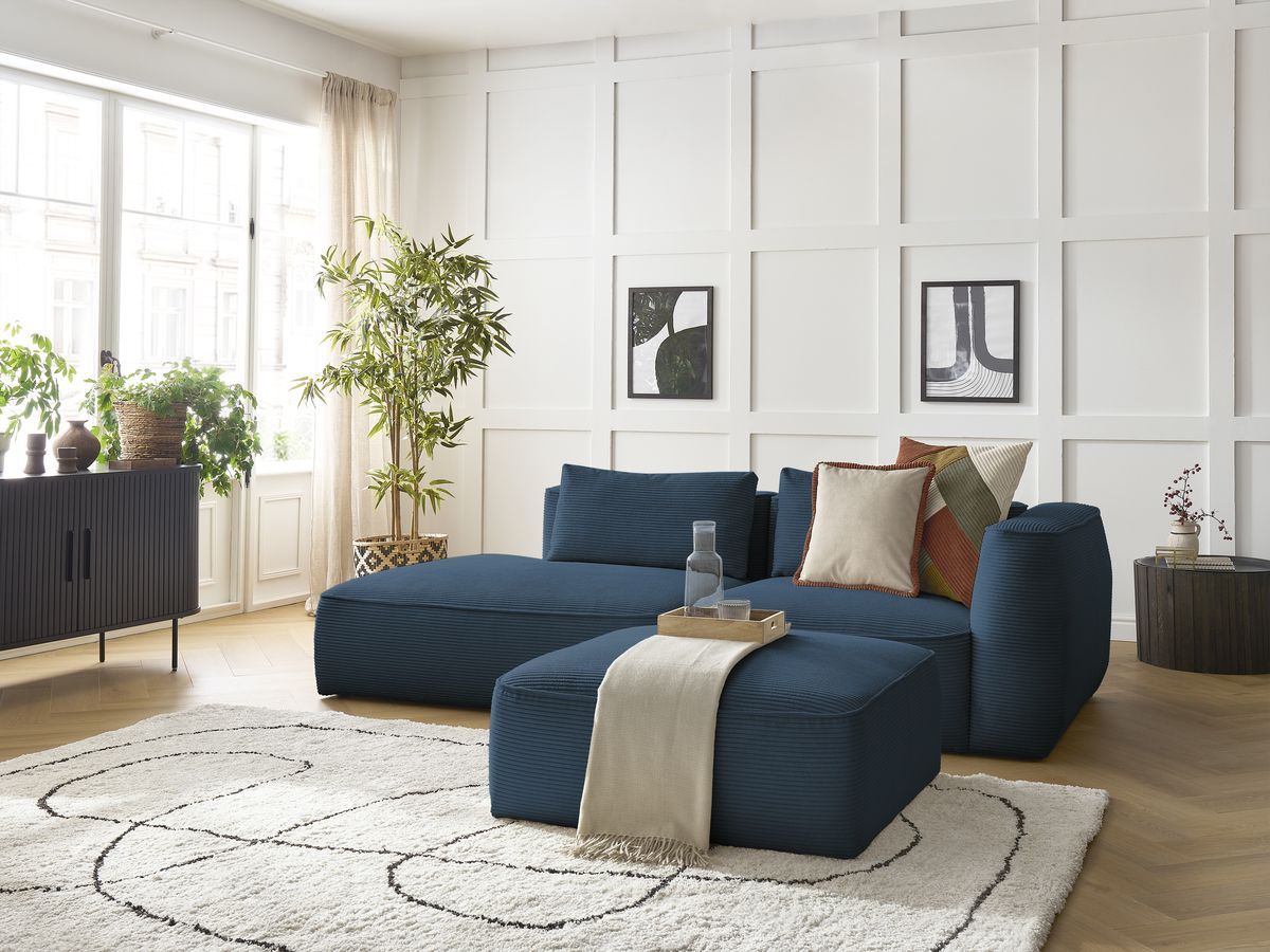 Canapé droit fixe 3 places LEOPOLD velours côtelé avec pouf