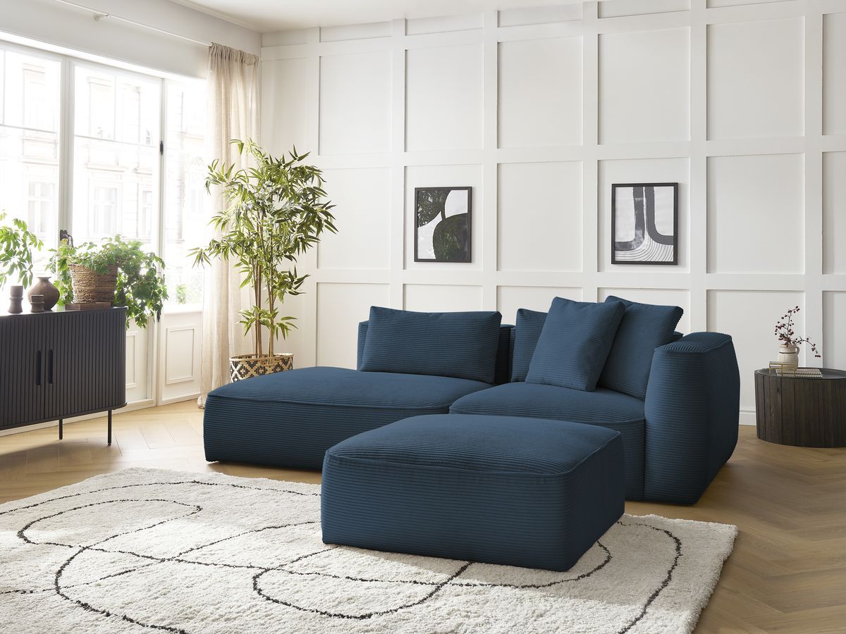 Canapé droit fixe 3 places LEOPOLD velours côtelé avec pouf bleu foncé accoudoir droit BOBOCHIC - Vue supplémentaire 3