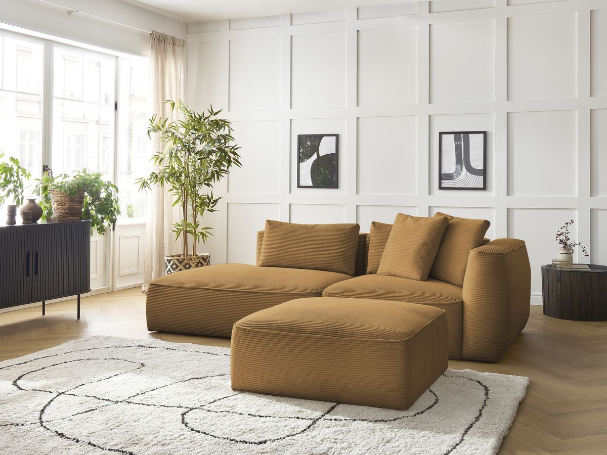 Canapé droit fixe 3 places LEOPOLD velours côtelé avec pouf jaune accoudoir droit BOBOCHIC - Vue supplémentaire 3