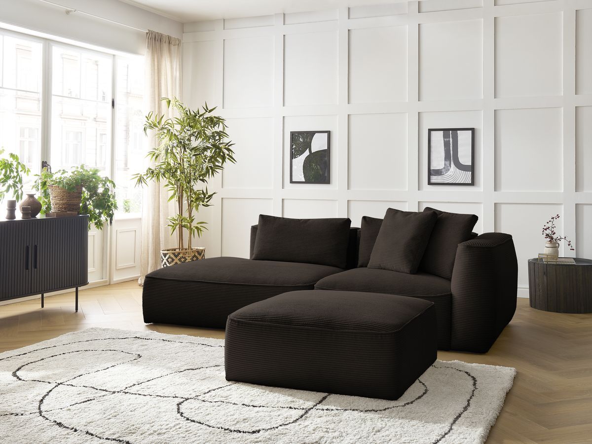 Canapé droit fixe 3 places LEOPOLD velours côtelé avec pouf marron accoudoir droit BOBOCHIC - Vue supplémentaire 3