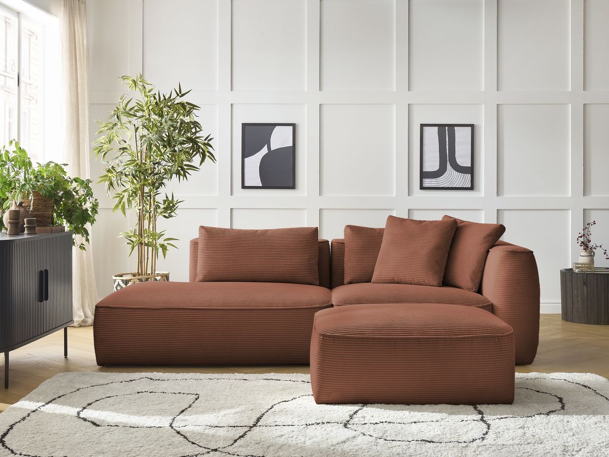 Canapé droit fixe 3 places LEOPOLD velours côtelé avec pouf