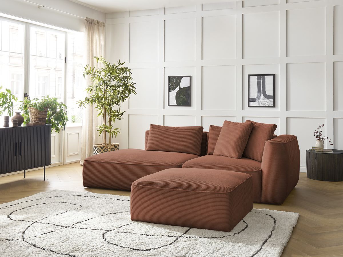 Canapé droit fixe 3 places LEOPOLD velours côtelé avec pouf orange accoudoir droit BOBOCHIC - Vue supplémentaire 3