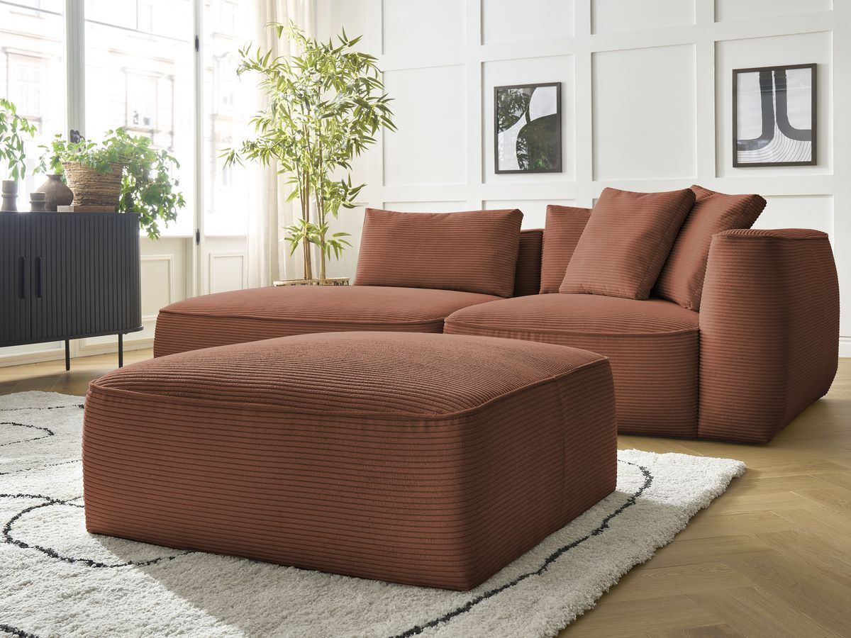 Canapé droit fixe 3 places LEOPOLD velours côtelé avec pouf
