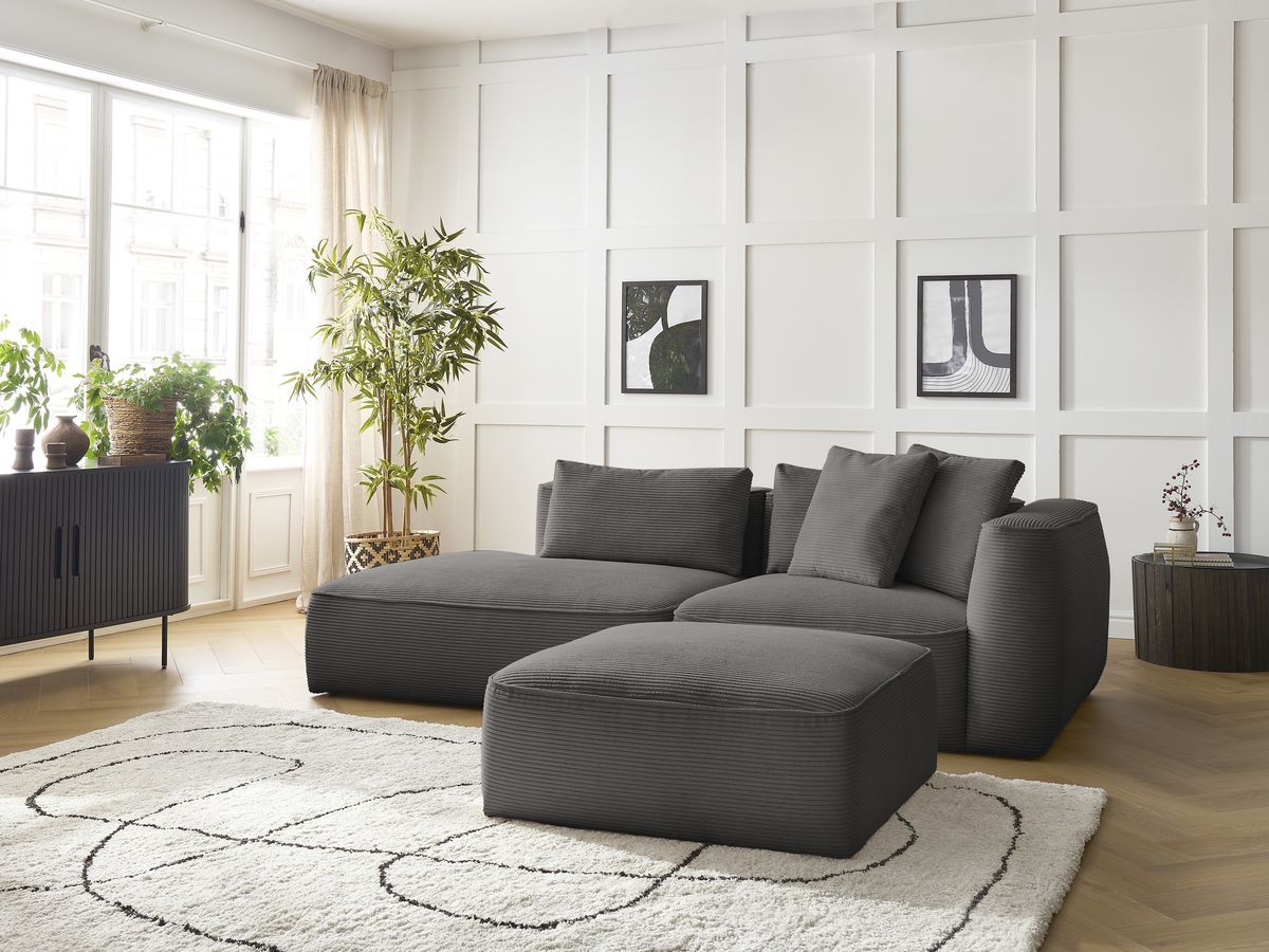 Canapé droit fixe 3 places LEOPOLD velours côtelé avec pouf taupe accoudoir droit BOBOCHIC - Vue supplémentaire 3