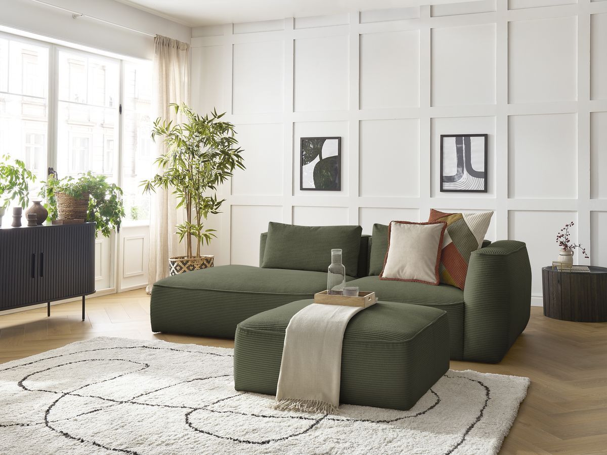 Canapé droit fixe 3 places LEOPOLD velours côtelé avec pouf
