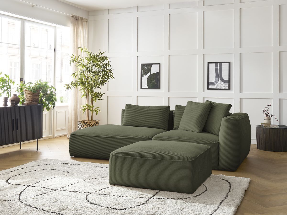 Canapé droit fixe 3 places LEOPOLD velours côtelé avec pouf vert clair accoudoir droit BOBOCHIC - Vue supplémentaire 3