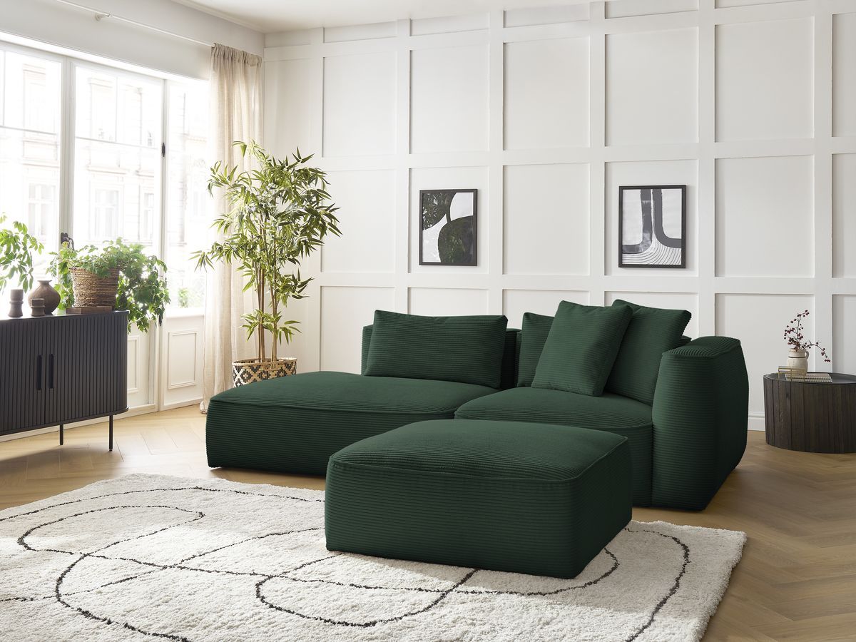 Canapé droit fixe 3 places LEOPOLD velours côtelé avec pouf vert foncé accoudoir droit BOBOCHIC - Vue supplémentaire 3