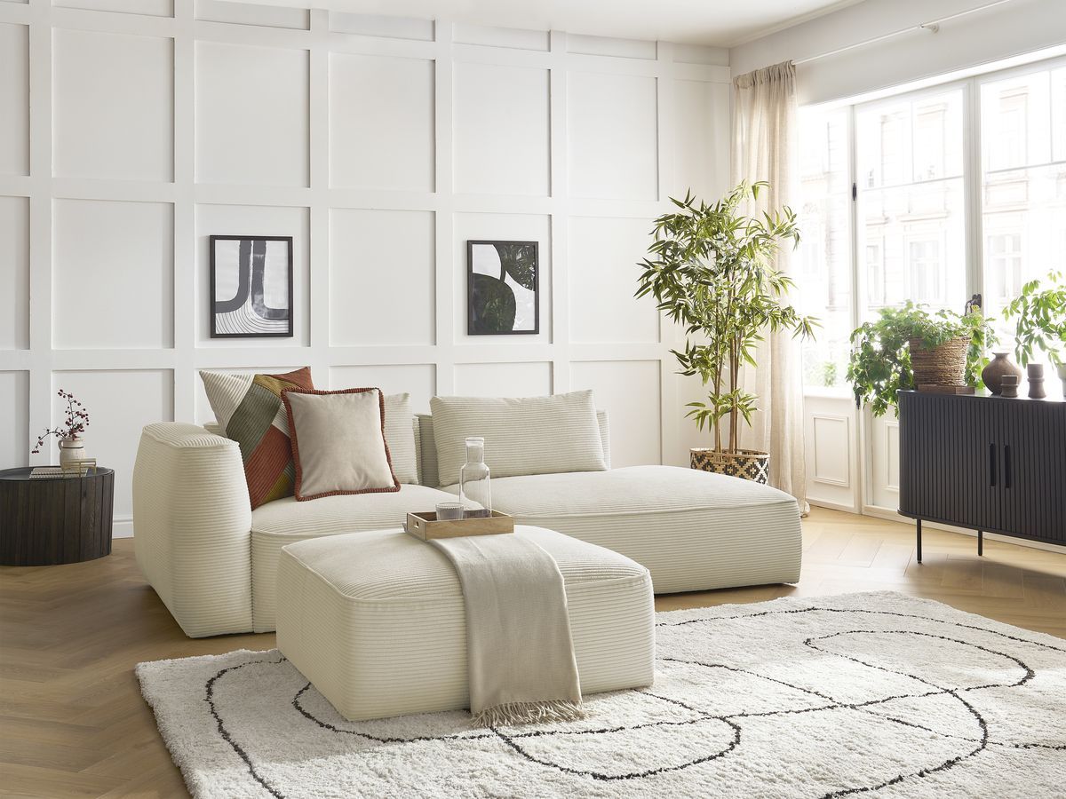 Canapé droit 3 places LEOPOLD velours côtelé avec pouf beige