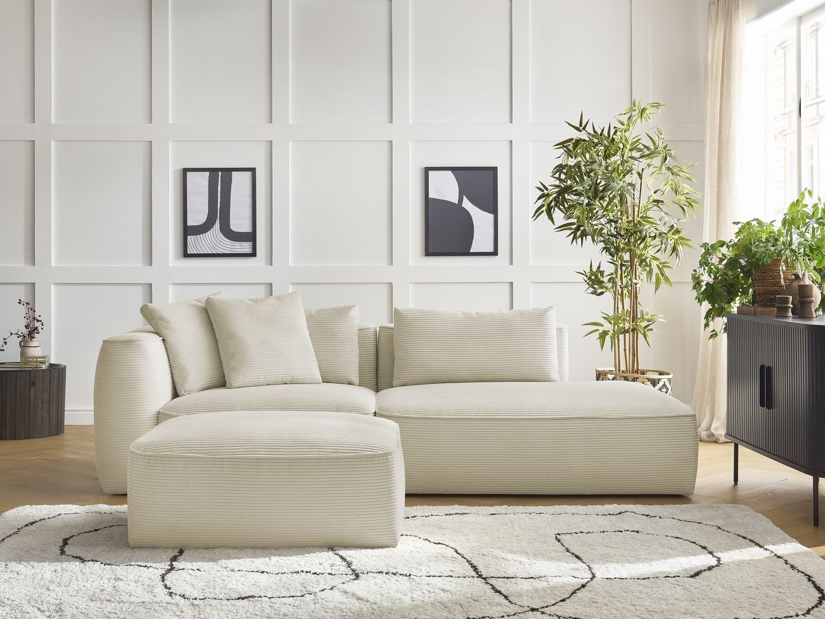 Canapé droit 3 places LEOPOLD velours côtelé avec pouf beige — vue 4