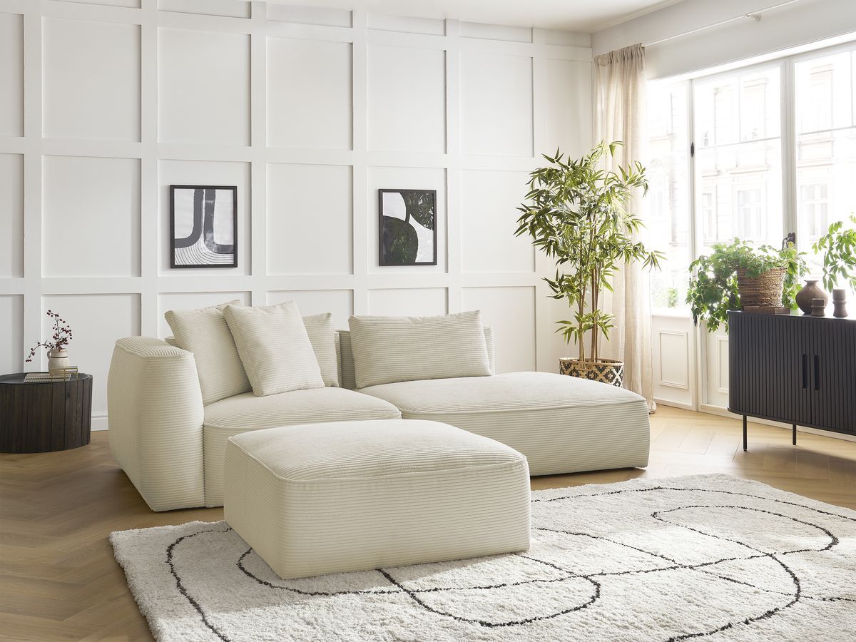 Canapé droit 3 places LEOPOLD velours côtelé avec pouf beige — vue 5