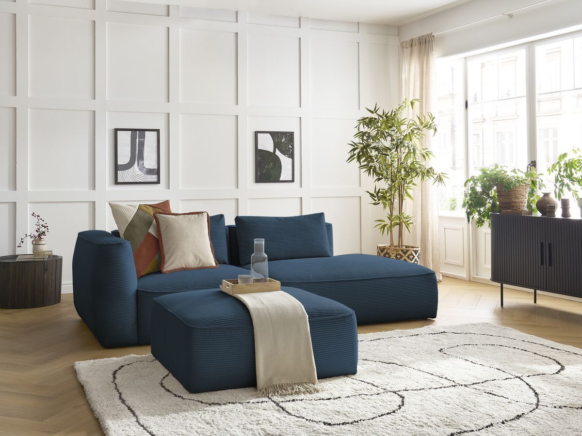 Canapé droit fixe 3 places LEOPOLD velours côtelé avec pouf