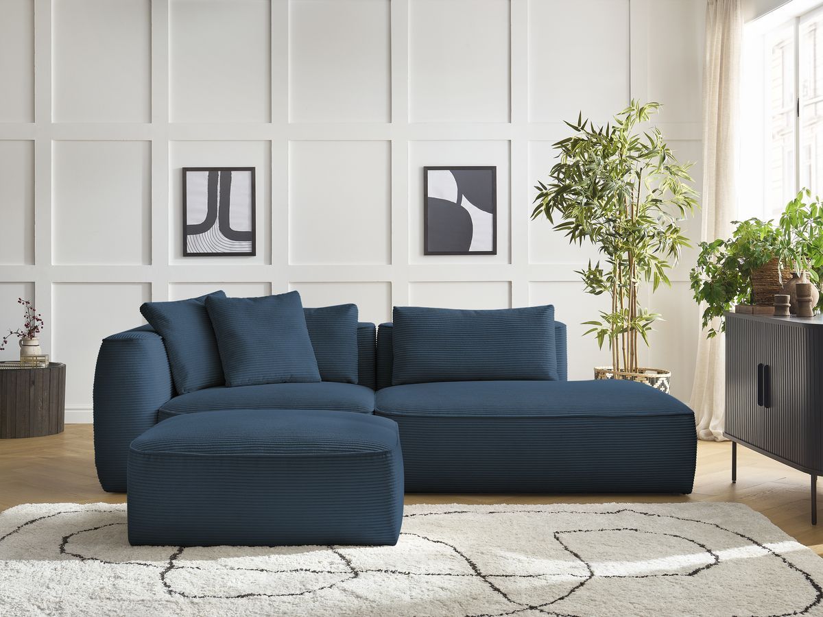 Canapé droit fixe 3 places LEOPOLD velours côtelé avec pouf