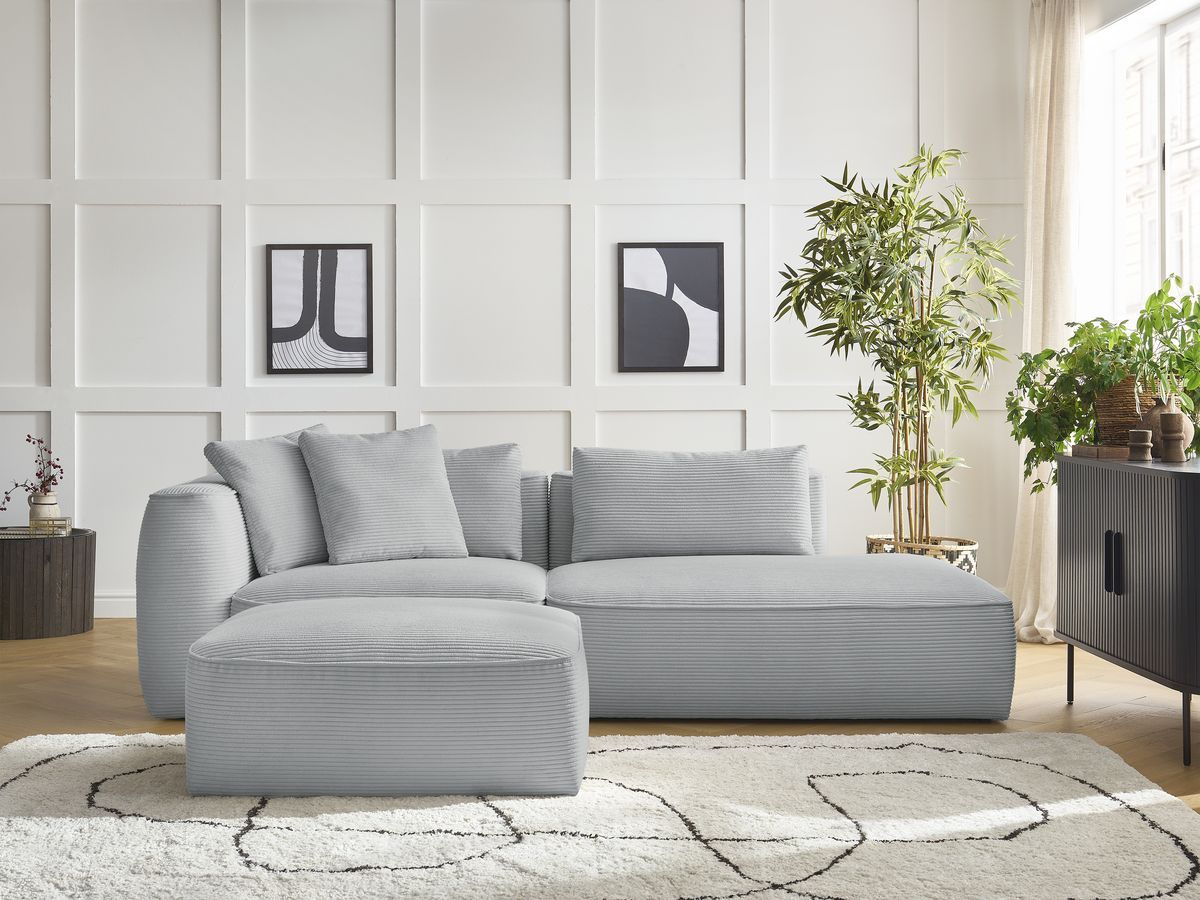 Canapé droit fixe 3 places LEOPOLD velours côtelé avec pouf