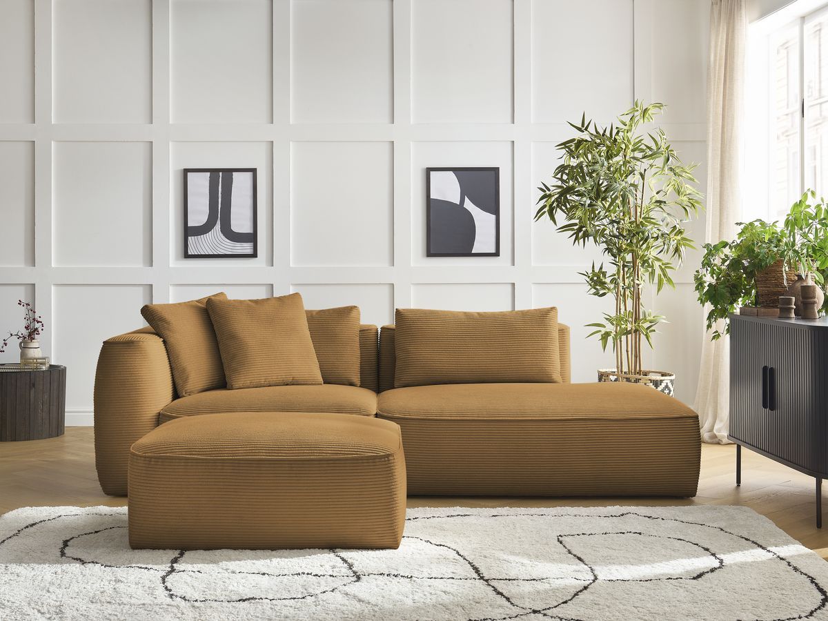 Canapé droit 3 places LEOPOLD velours côtelé avec pouf jaune — vue 4