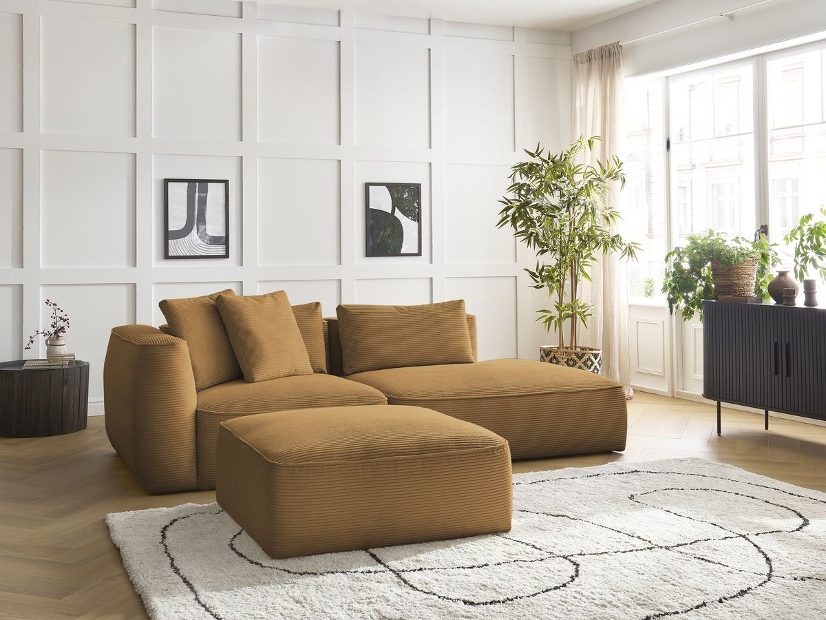 Canapé droit 3 places LEOPOLD velours côtelé avec pouf jaune — vue 5