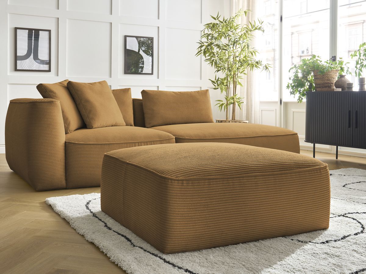 Canapé droit fixe 3 places LEOPOLD velours côtelé avec pouf