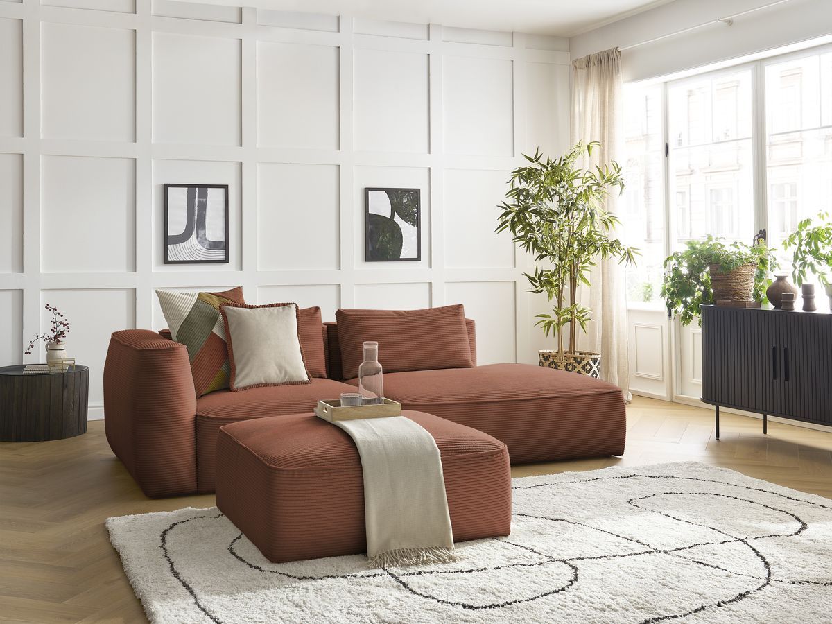 Canapé droit fixe 3 places LEOPOLD velours côtelé avec pouf