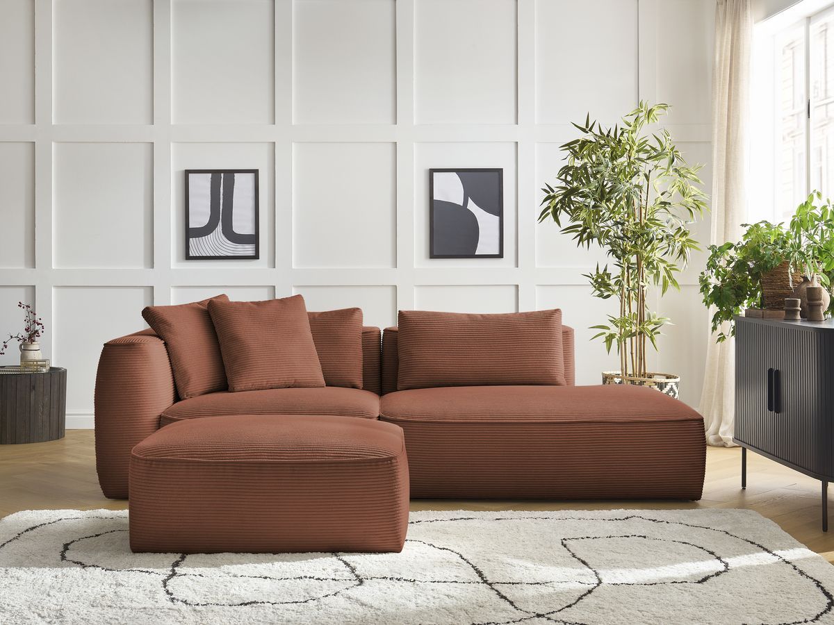 Canapé droit fixe 3 places LEOPOLD velours côtelé avec pouf