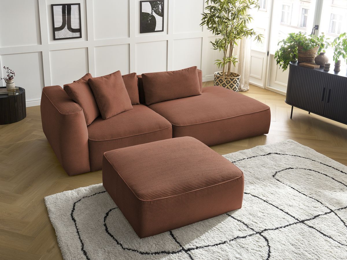 Canapé droit fixe 3 places LEOPOLD velours côtelé avec pouf