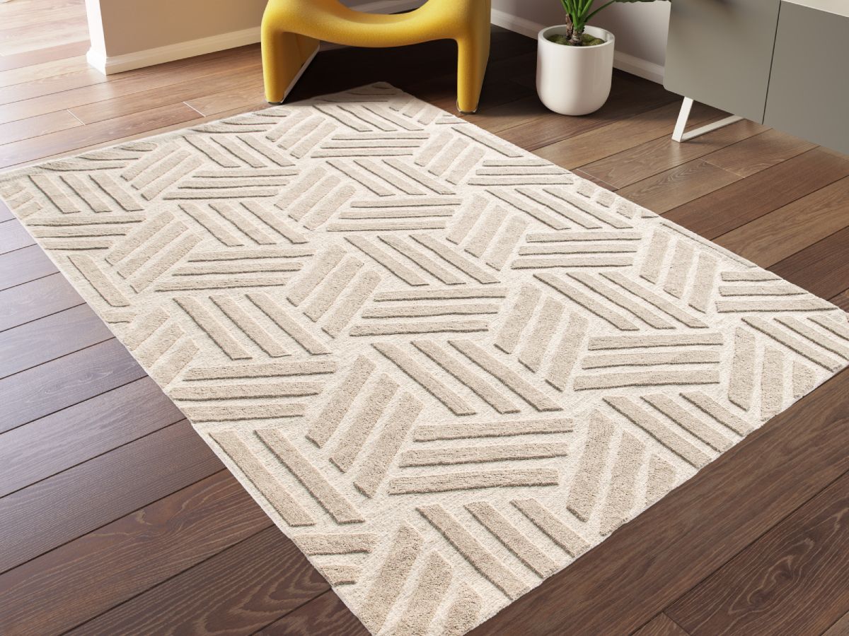 Tapis poils ras OSTARA motif géometrique beige — vue 6