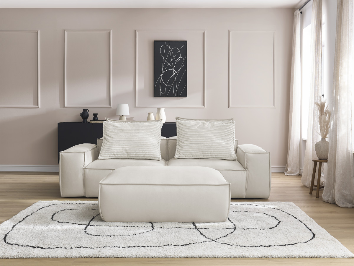 Canapé droit fixe 3 places ultra moelleux BOHEME cuir végan avec pouf