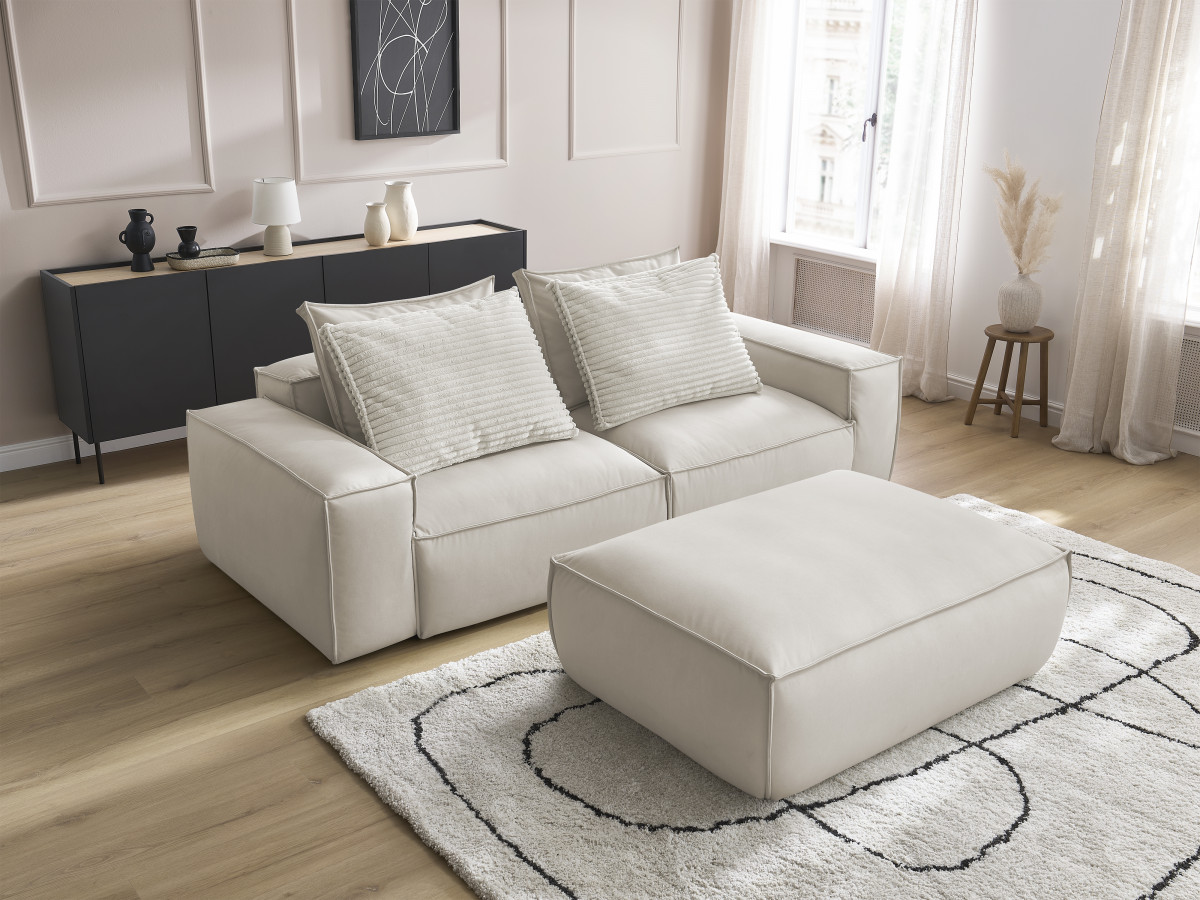 Canapé droit fixe 3 places ultra moelleux BOHEME cuir végan avec pouf