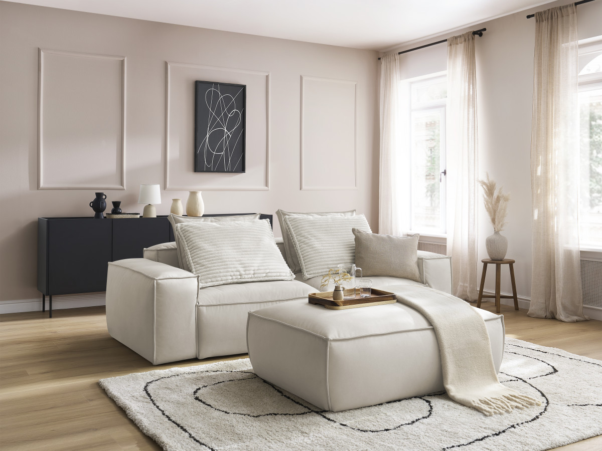 Canapé droit fixe 3 places ultra moelleux BOHEME cuir végan avec pouf
