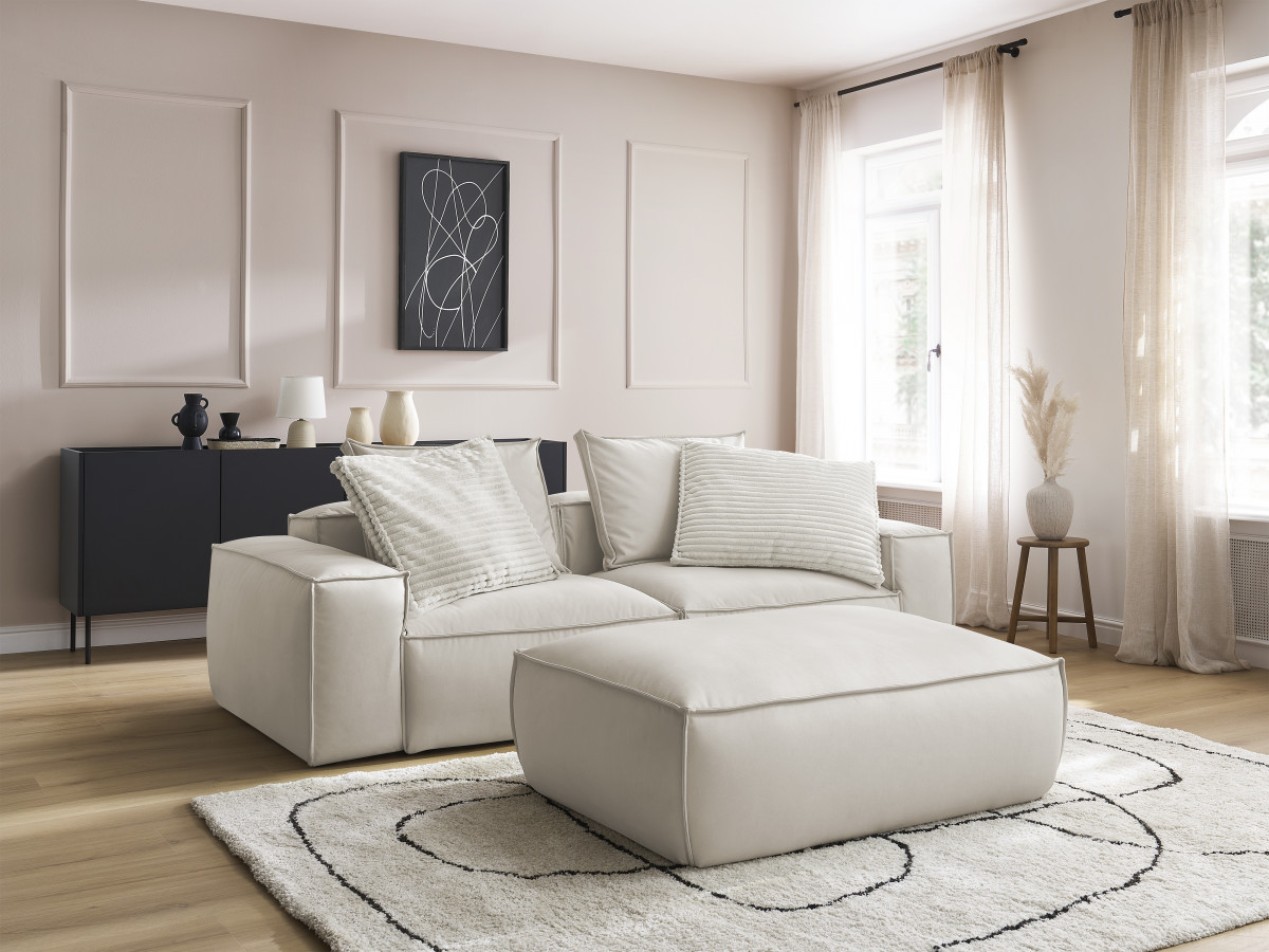 Canapé droit 3 places ultra moelleux BOHEME cuir végan avec pouf beige — vue 5