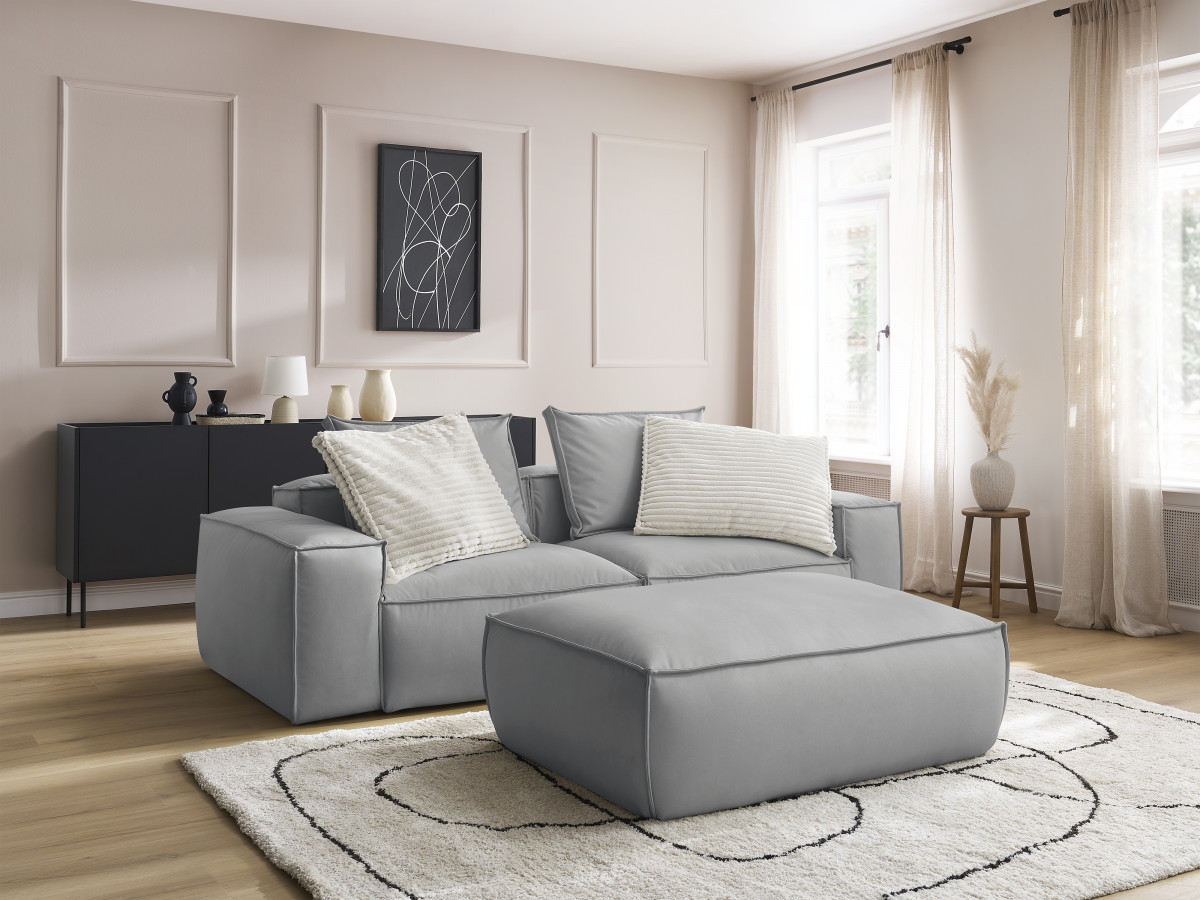 Canapé droit 3 places ultra moelleux BOHEME cuir végan avec pouf gris clair — vue 5