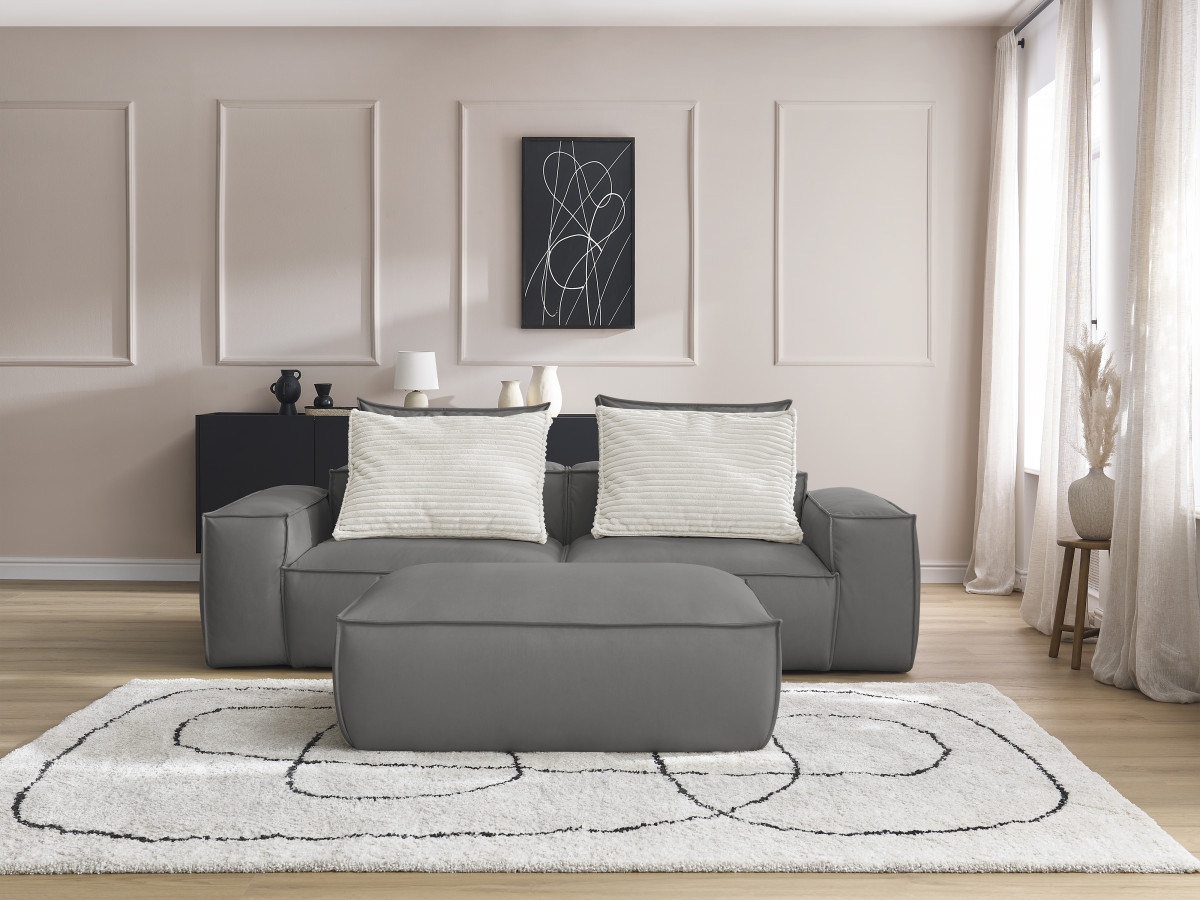 Canapé droit fixe 3 places ultra moelleux BOHEME cuir végan avec pouf